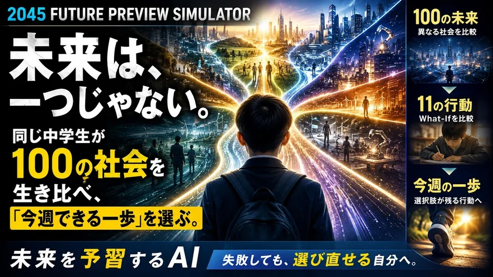 未来予習 — 100の人生を試せるAIの発表画面